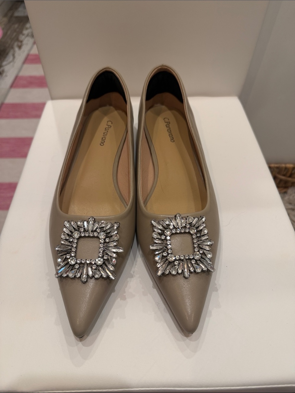 Caravane Taupe Pointed-Toe Flats with Crystal Buckle